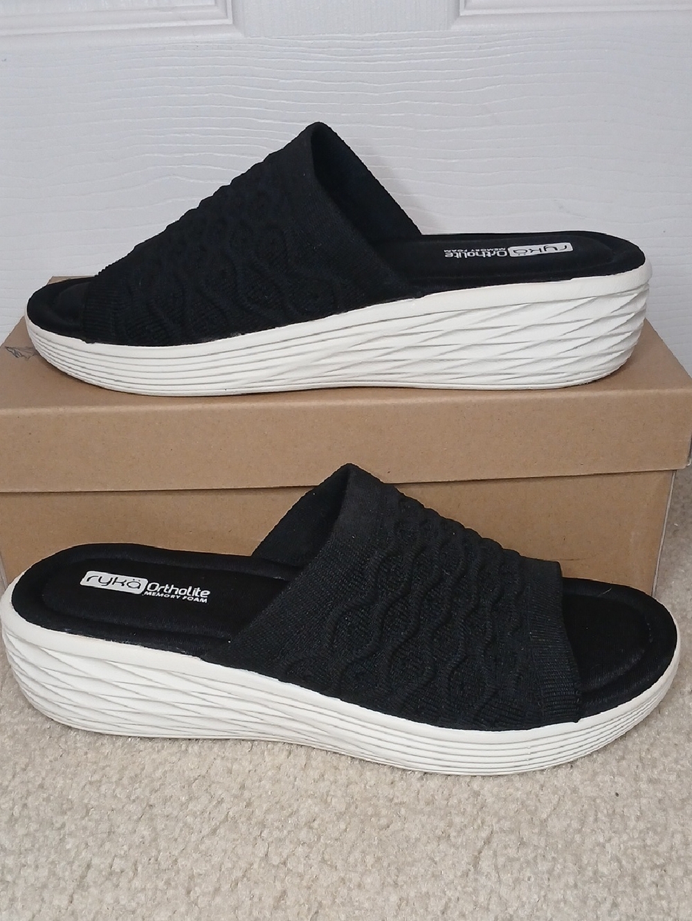 Ryka Ortholite Memory Foam Black Knit Wedge Sandals Women's 9.5W
